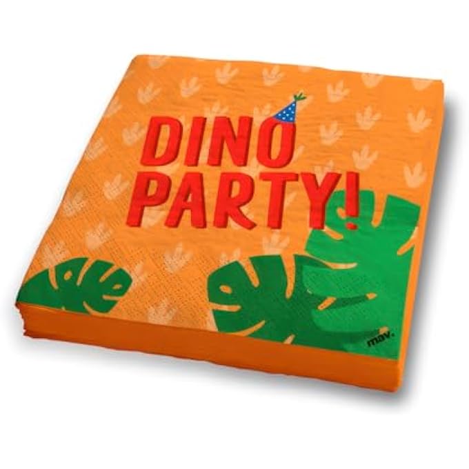 DINOSAUR THEME ORANGE NAPKINS FOR PARTIES AND BIRTHDAYS KIDS WITH ALL DINOSAURS AND MESSAGE. 20 PIECES 33 X 33 CM. MADE IN EUROPE - Image 2